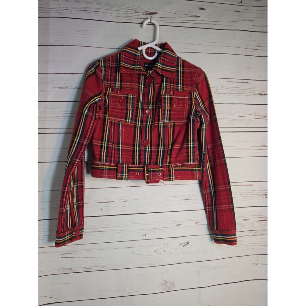 Wet Seal Red Plaid Cropped Belted Jacket  Cotton Tartan Button Up  Sz Junior S
